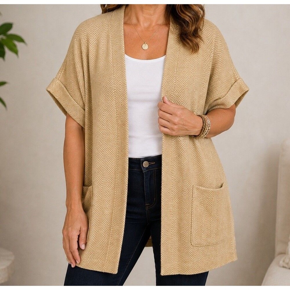 J Jill Long Cardigan Women’s 3X Short Sleeve Caramel Brown Herrringbone Soft